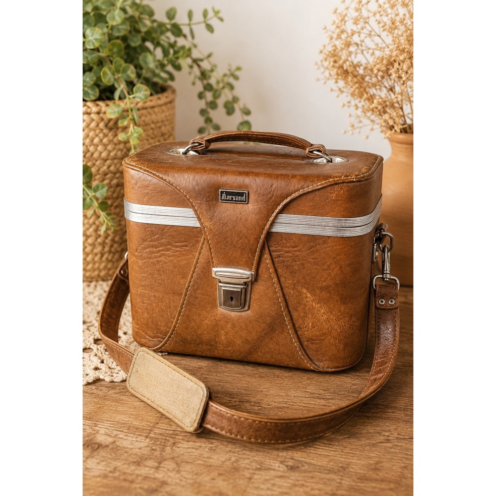 Vintage Marsand Brown Camera Bag Faux Leather Hard Shell Case Made in USA